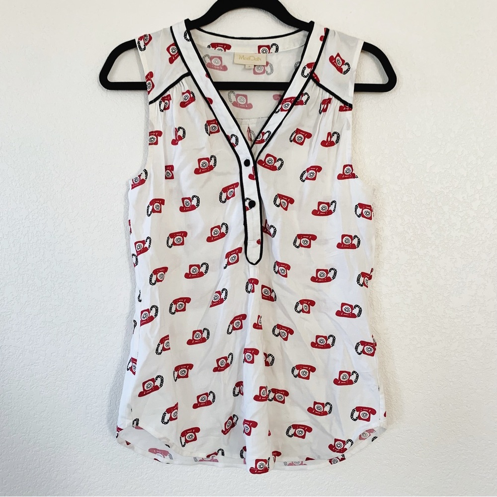 Modcloth White Top with Red and Black Telephone Print